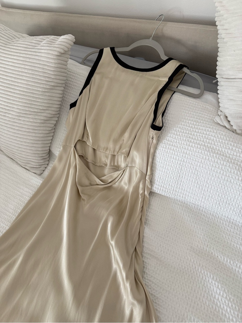 Anthropologie Satin Beige Dress with Black Trim